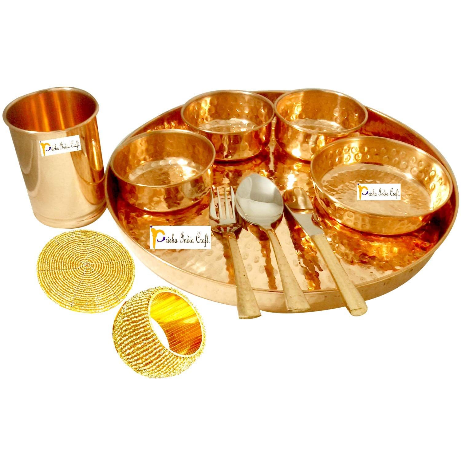 Prisha India Craft Pure Copper Dinner Thali Set, Serveware &amp; Dinnerware, Hammered Traditional Design, 10 Pieces