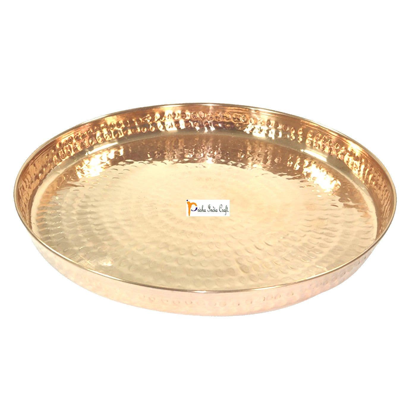 Prisha India Craft Pure Copper Hammered Dinner Thali Plate, 12-inch (Brown)