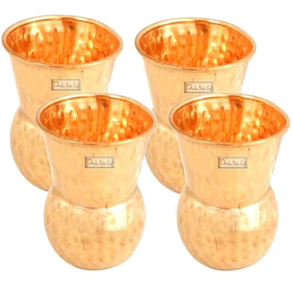Prisha India Craft Pure Copper Muglai Matka Glass Tumbler Hammered Design, Capacity 375 ML, Set of 4