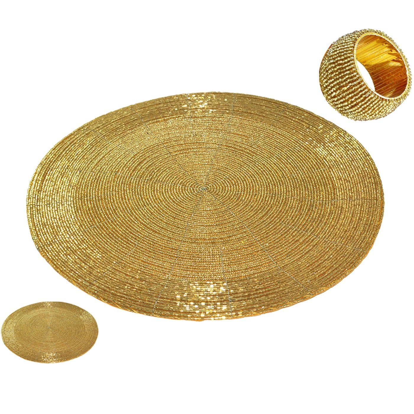 Prisha India Craft ® Handmade Golden Round Beaded Placemat for Dining Table/Tablemat Decorative Placemat with 1 Napkin Ring and 1 Tea Cup Coaster (Dia - 12")