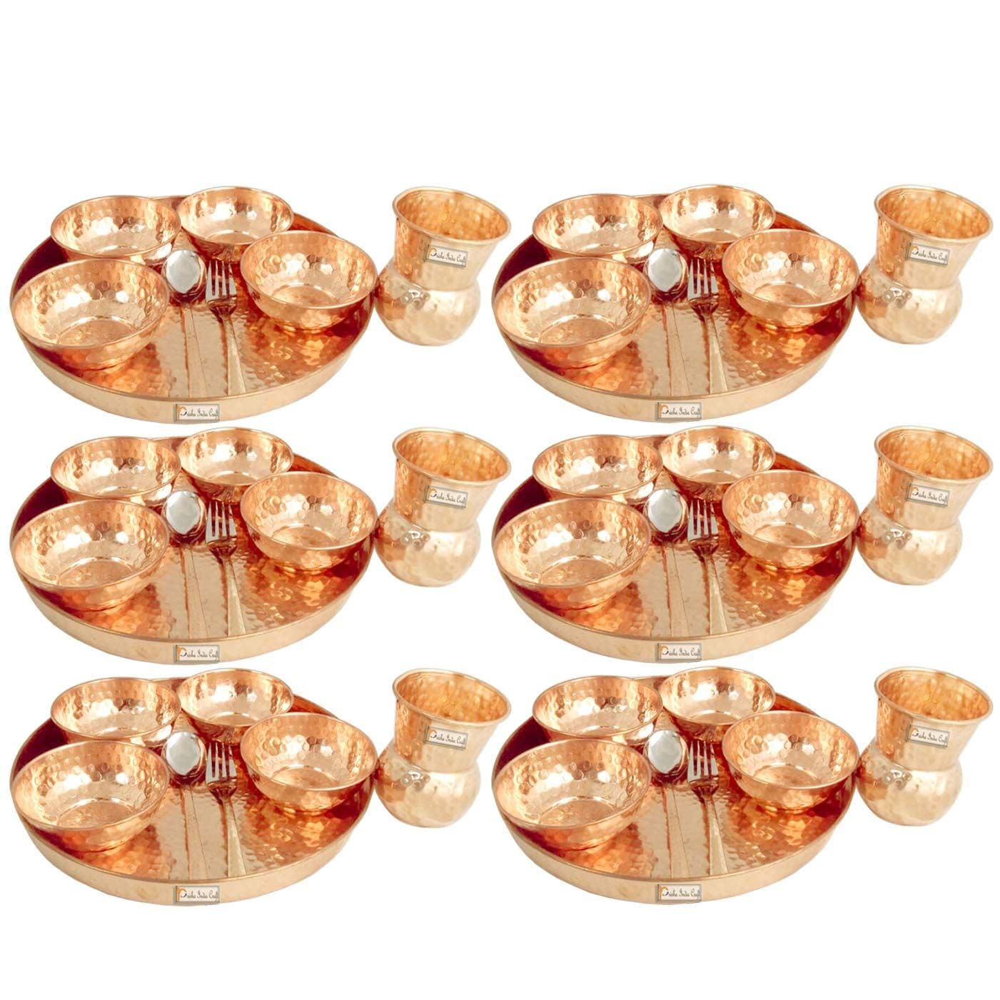 Prisha India Craft Traditional Dinner Set of 6 Dinnerware 100% Pure Copperware Thali Set Diameter 12" (6 Thali, 6 Spoons,6 Fork, 6 Tumblers, 24 Serving Bowls)