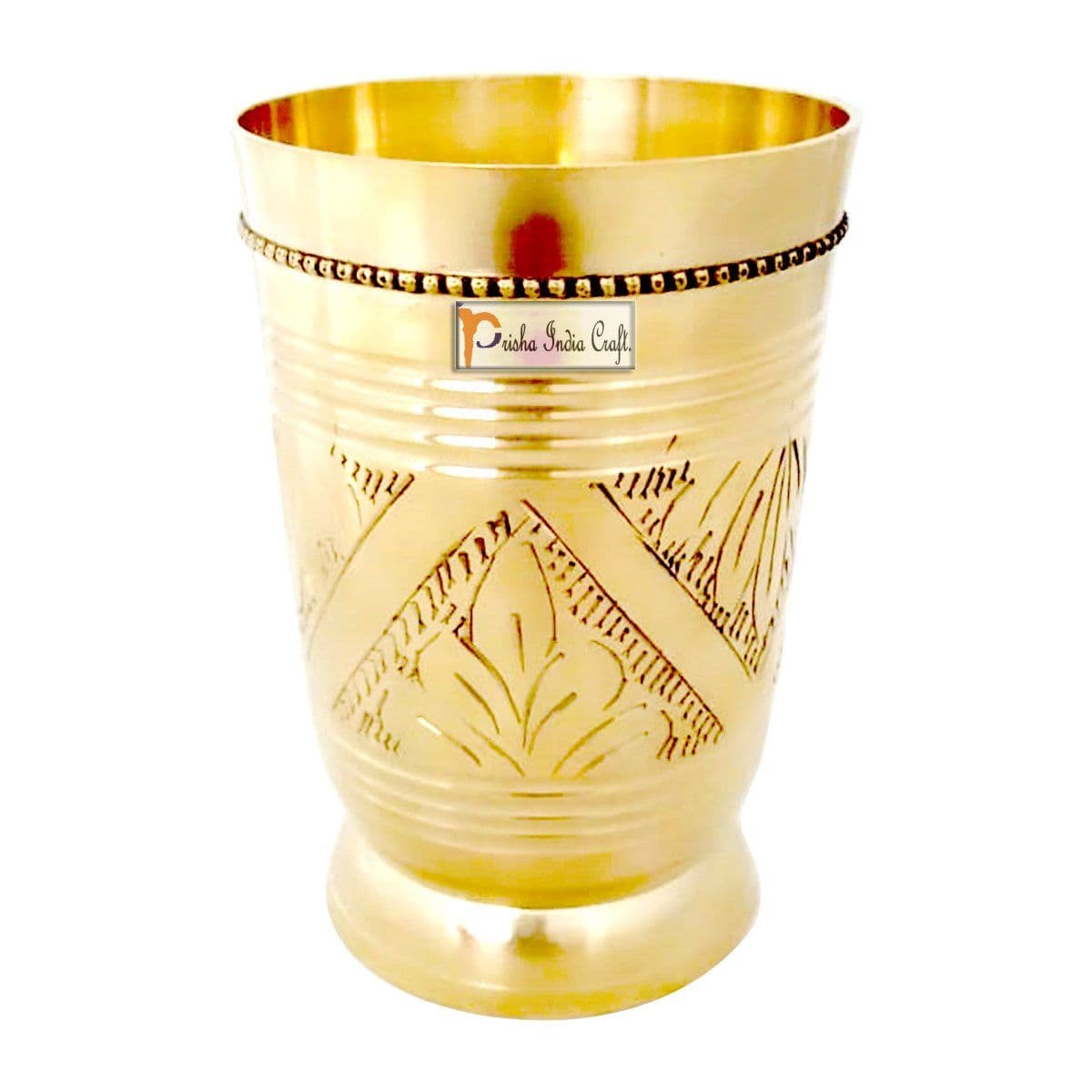 Prisha India Craft Pure Brass Mughlai Style Embossed Design Glass Tumbler | Drinkware &amp; Serveware | Capacity 250 ML