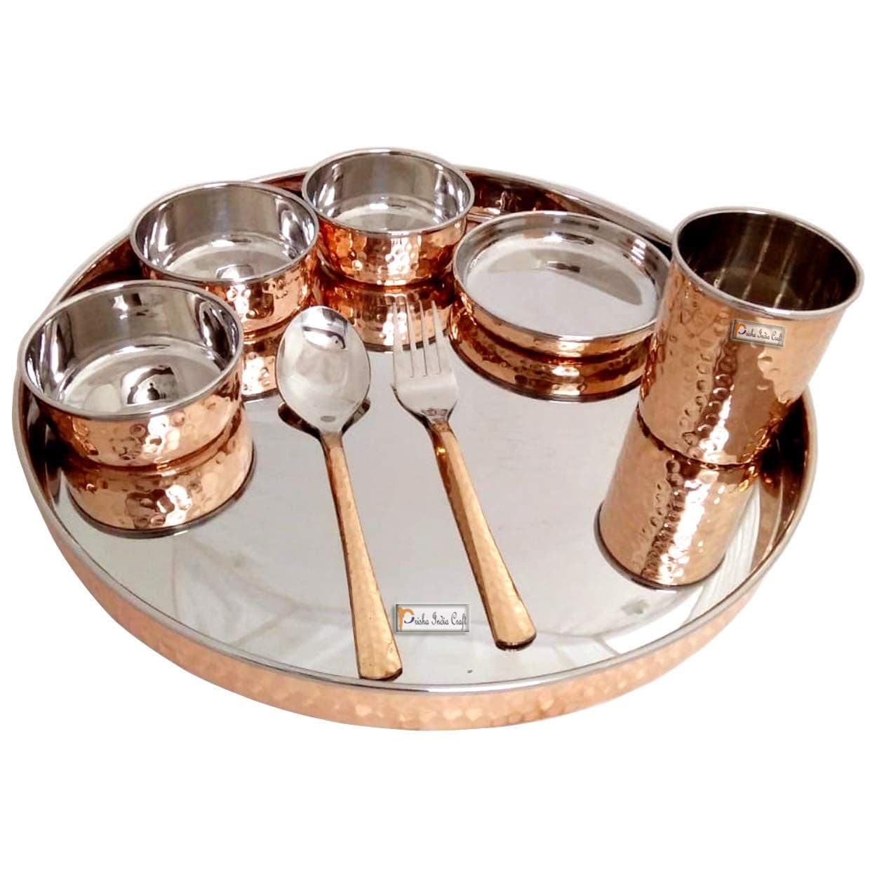 Prisha India Craft Steel Copper Dinner Thali Set Diameter 13", 1 Thali, 1 Spoon, 1 Fork, 1 Tumbler, 3 Serving Bowls,1 Dessert Bowl