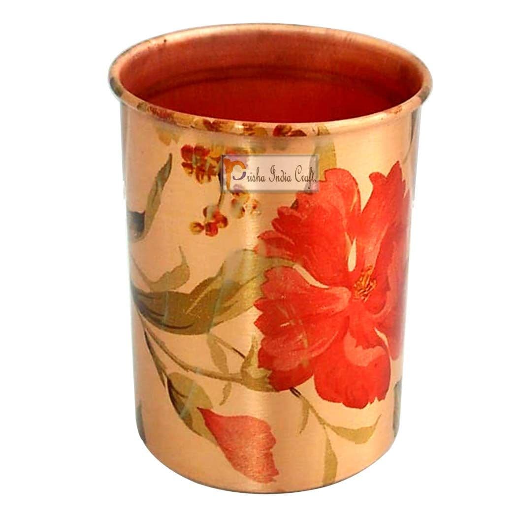 Prisha India Craft Pure Copper Digital Printed Flower Design Glass Tumbler, 300 ML