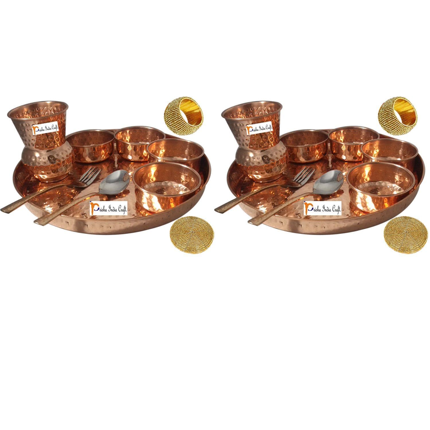Prisha India Craft ® Set of 2 Traditional Indian Dinnerware Pure Copper Dinner Set of Thali Plate, Bowl, Spoon, Fork, Glass - Diameter 12 Inch