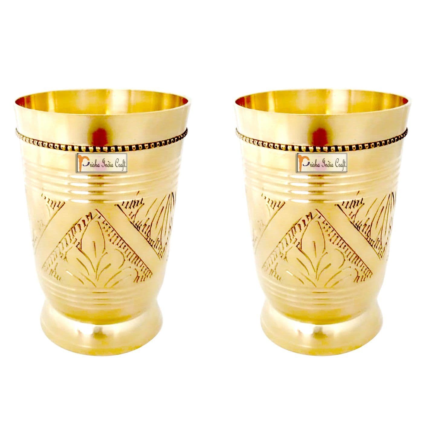 Prisha India Craft Pure Brass Mughlai Style Embossed Design Glass Tumbler | Drinkware &amp; Serveware | Capacity 250 ML | Set of 2