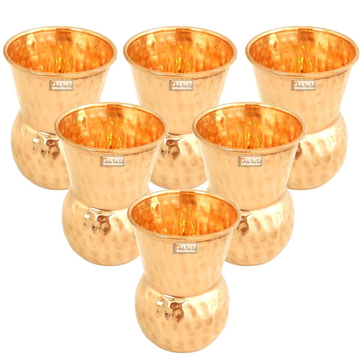 Prisha India Craft Pure Copper Muglai Matka Glass Tumbler, Hammered Design, Capacity 375 ML, Set of 6