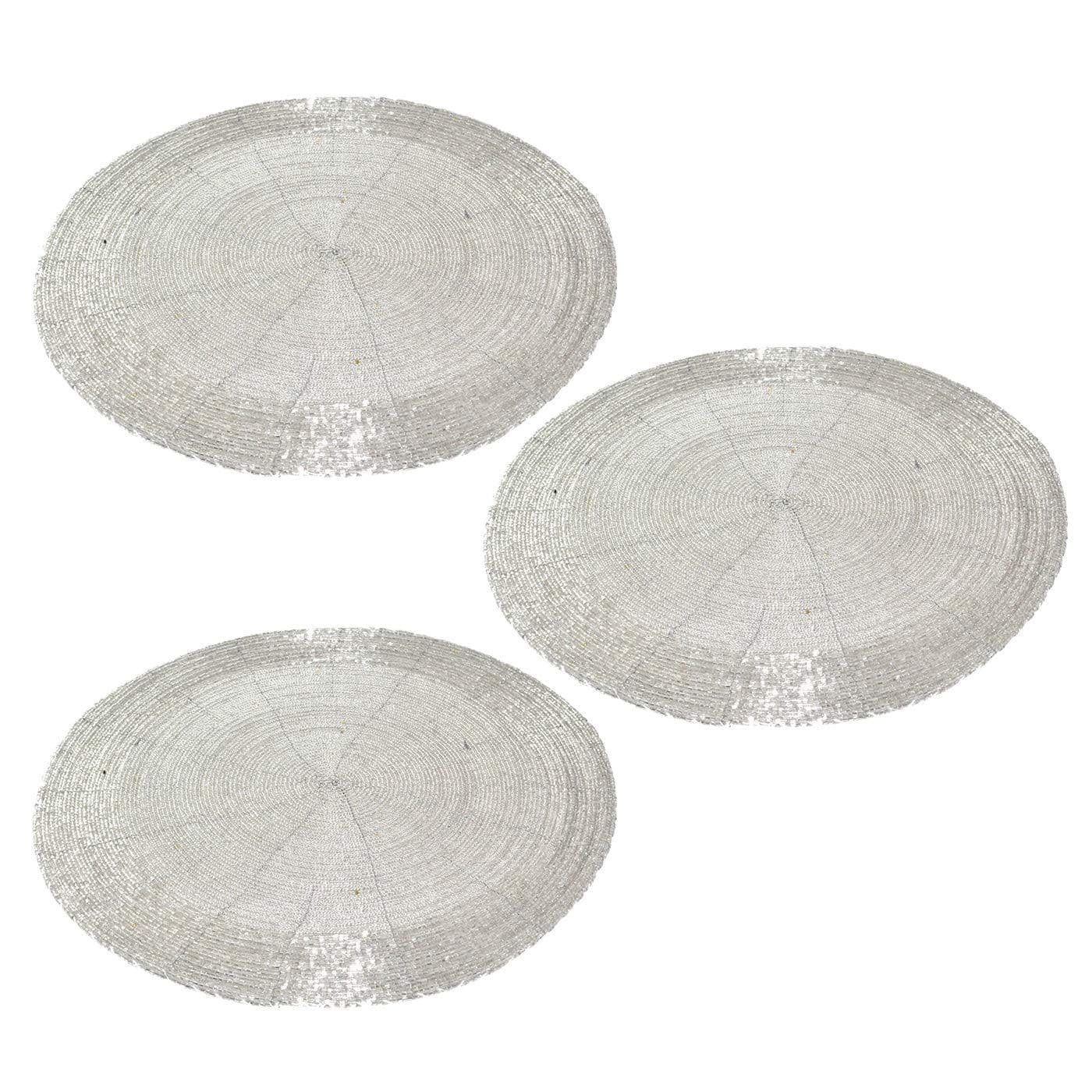 Prisha India Craft ® SET OF 3 Handmade Silver Round Beaded Placemat for Dining Table / Tablemat Decorative Placemat - large coaster Perfect for Dinner Table, Dining Table Placemats ( Dia - 12")