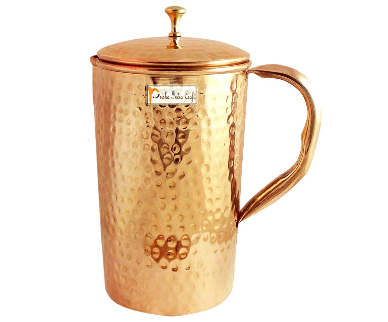 Prisha India Craft Hammered Design Pure Copper Water Jug Pitcher, 1200 ML (Brown)