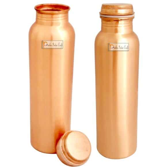 Prisha India Craft Matt Finish Lacqour Coated Anti Tarnished Joint Free New Designed Copper Bottle, Travel Essential, Drinkware, 900 ML | Set of 2