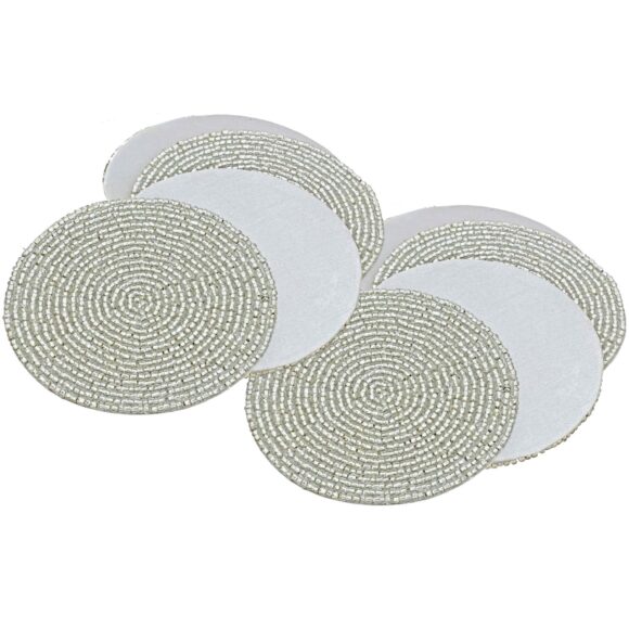 Prisha India Craft Silver Beaded Tea Cup Coasters, Diameter 4.00 Inch, Set of 8