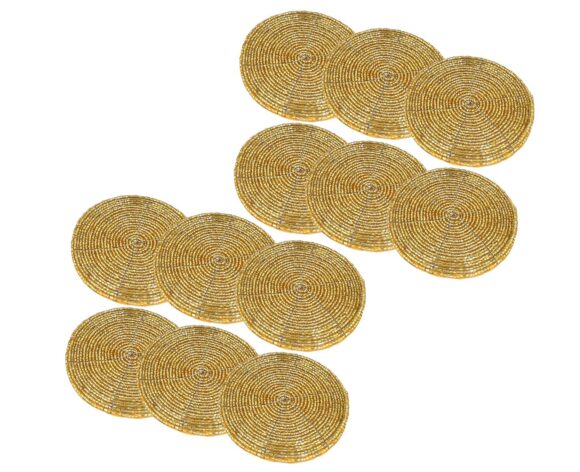 Prisha India Craft Handmade Golden Beaded Tea Coasters, 4 Inch | Set of 12