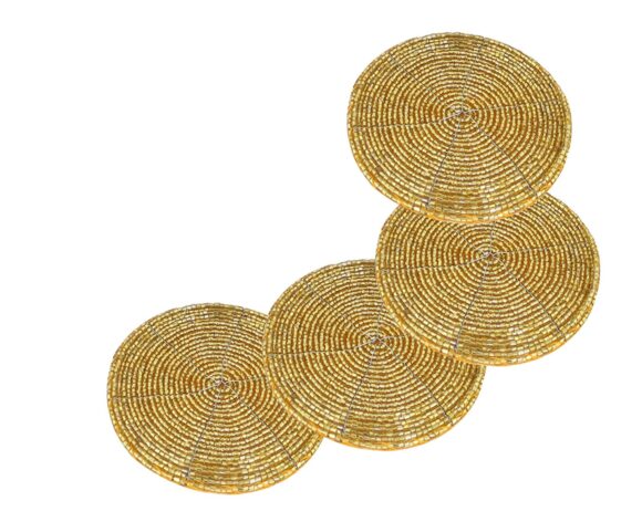 Prisha India Craft Set of 4 Handmade Gold Beaded Tea Coasters - 4 Inches Coaster for Tea Cups