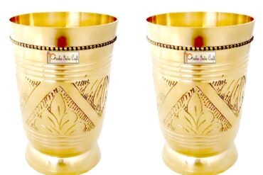 Prisha India Craft Pure Brass Mughlai Style Embossed Design Glass Tumbler | Drinkware & Serveware | Capacity 250 ML | Set of 2