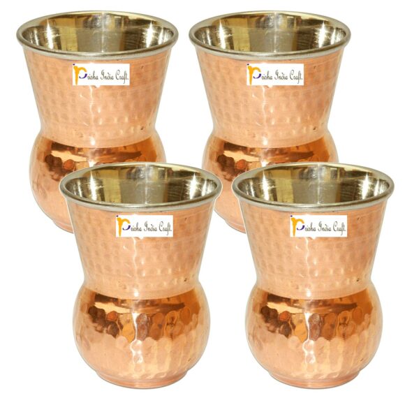 Prisha India Craft Steel Copper Muglai Matka Glass Tumbler Hammered Design, Capacity 270 ML, Set of 4