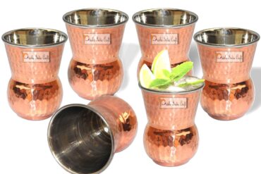 Prisha India Craft Steel Copper Muglai Matka Glass Tumbler Hammered Design, Capacity 270 ML, Set of 6