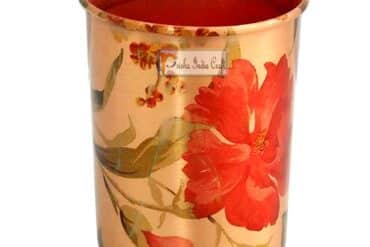 Prisha India Craft Pure Copper Digital Printed Flower Design Glass Tumbler, 300 ML