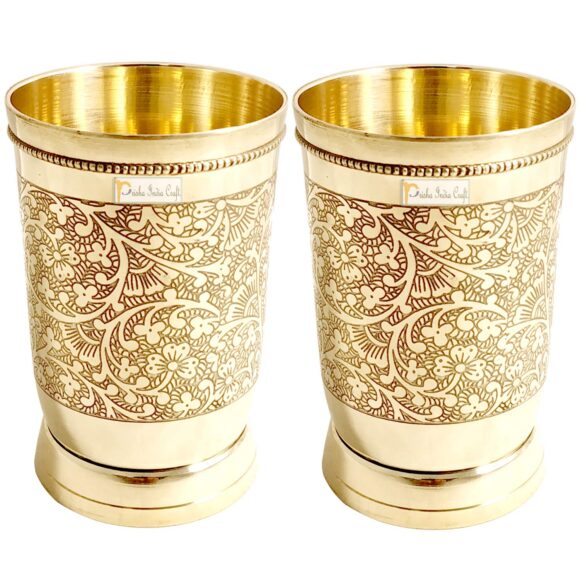 Prisha India Craft Pure Brass Mughlai Style Embossed Design Glass Tumbler, 250 ML, Set of 6