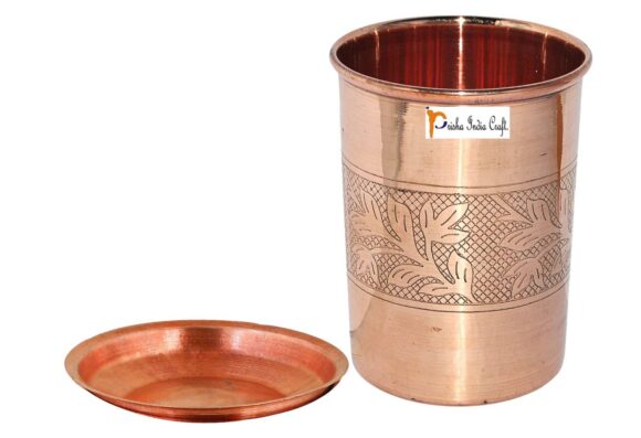 Prisha India Craft Pure Copper Embossed Design Glass Tumbler, 240 ML