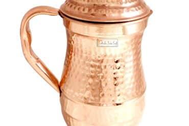 Prisha India Craft Pure Copper Maharaja Water Jug Pitcher Hammered Design, Drinkware Set, 1800 ML
