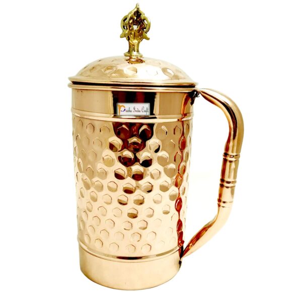 Prisha India Craft Pure Copper Jug Pitcher with Brass Knob, Glassware & Drinkware (2000Ml of Jug)