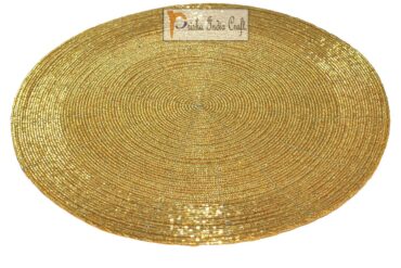 Prisha India Craft Golden Round Beaded Placemat for Dining Table, Diameter 12 Inch