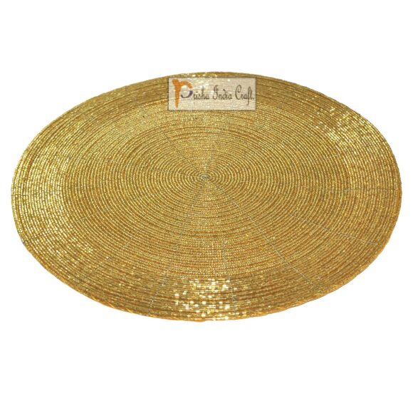 Prisha India Craft Set Of 2 Handmade Golden Round Beaded Placemat , ( Dia - 12")