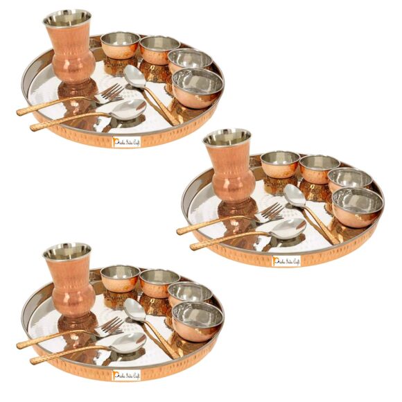 Prisha India Craft Hammered Steel Copper Dinner Thali Set, Serveware & Dinnerware, 27 Pieces, Service for 3