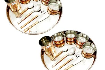 Prisha India Craft Steel Copper Traditional Dinner Set Thali Plate, Bowls, Fork, Glass Spoon and Serving Spoon, | Thali Diameter 13 INCH | Set of 2