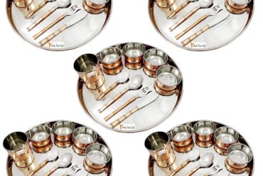 Prisha India Craft Steel Copper Dinner Thali Set, Dinnerware Set, Set of 5 Dinner Set, Silver
