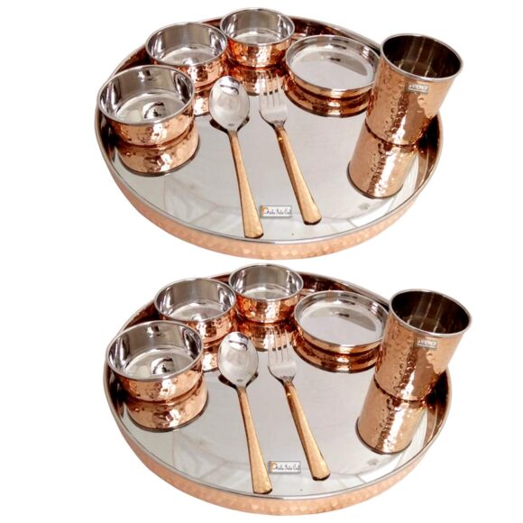 Prisha India Craft Traditional Stainless Steel Copperware Dinner Thali Set, Service for 2