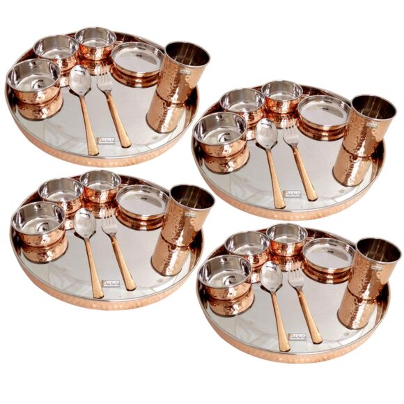 Prisha India Craft Traditional Stainless Steel Copperware Dinner Thali Set, Service for 4