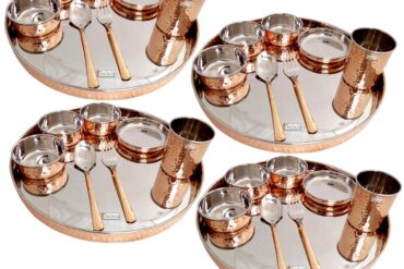 Prisha India Craft Traditional Stainless Steel Copperware Dinner Thali Set, Service for 4