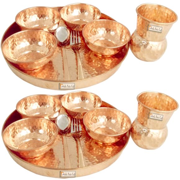 Prisha India Craft Traditional Dinner Set of 2 Dinnerware 100% Pure Copper Thali Set Diameter 12" (2 Dinner Plates, 2 Spoons, 2Forks, 2 Tumblers, 8 Serving Bowls)