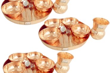 Prisha India Craft Traditional Dinner Set of 3 Dinnerware 100% Pure Copper Thali Set Diameter 12" (3 Dinner Plates, 3 Spoons, 3 Forks, 3 Tumblers, 12 Serving Bowls)