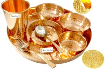 Prisha India Craft Pure Copper Dinner Set of Thali Plate, Bowls, Spoon, Fork, Glass, Diameter 12 Inches