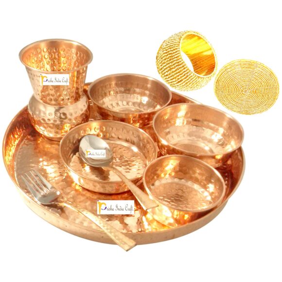 Prisha India Craft Pure Copper Dinner Thali Set of Plate, Bowl, Spoon, Fork, Glass - Diameter 12 Inch